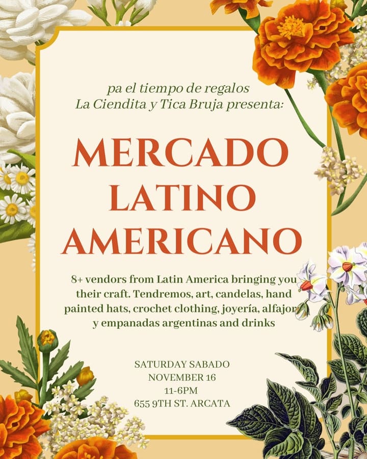 A botanical flyer for the Mercado Latino Americano at La Ciendita.
