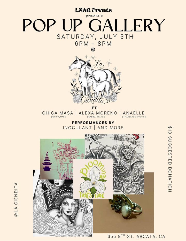 A pop-up gallery flyer listing local artists and musicians, with the La Ciendita horse logo.