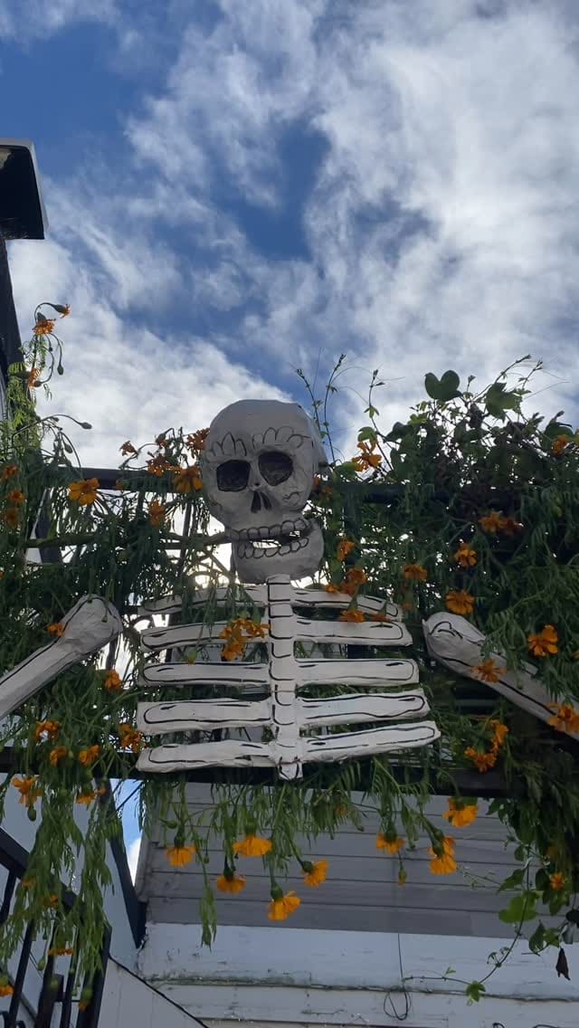 A giant skeleton draped in marigolds leaning over the courtyard gate.