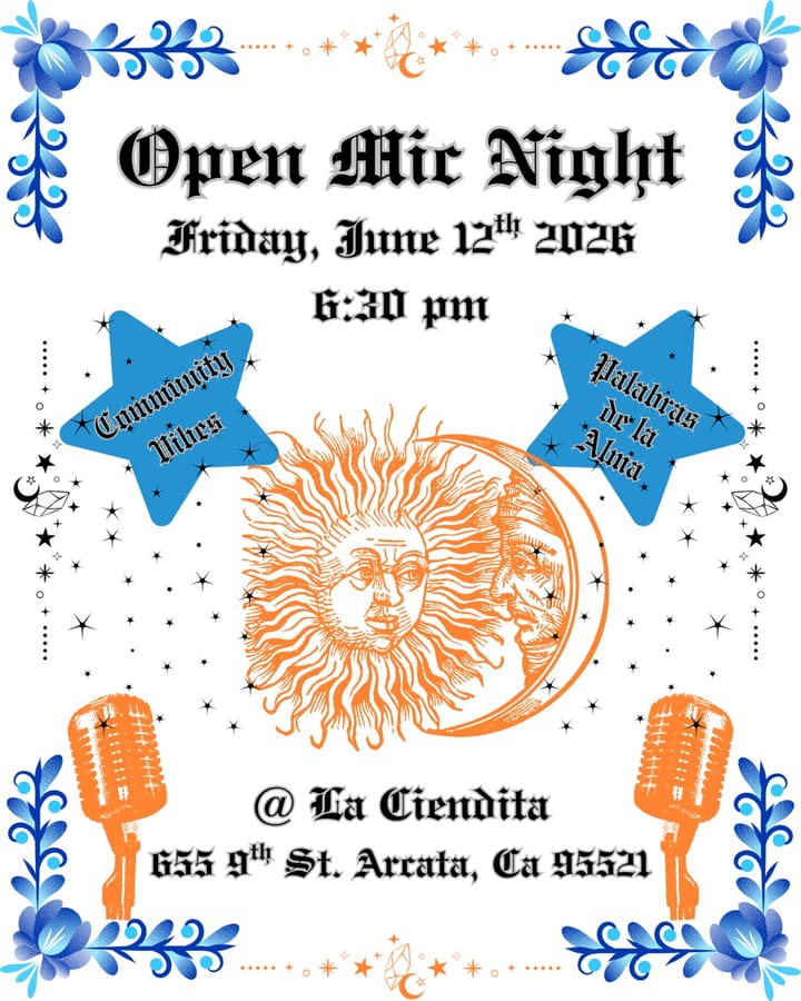 An open mic night flyer with blackletter type and a Talavera tile border.