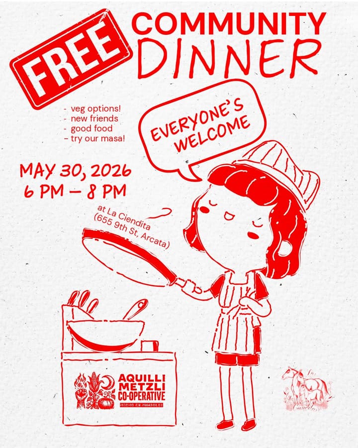 A flyer for a free community dinner with Aquilli Metzli Co-operative, stamped with the La Ciendita horse logo.