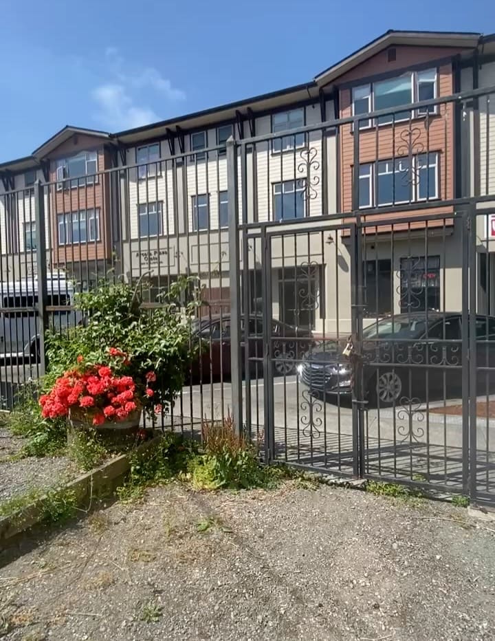 The black wrought iron courtyard gate seen from the street, flowers at its base.