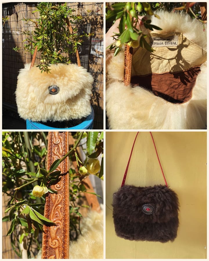 Four views of handmade sheepskin bags by Jessica Vanessa Olivera: a cream bag with a tooled strap, the silk lining and leather label, a carved leather strap, and a dark brown bag with a red strap.