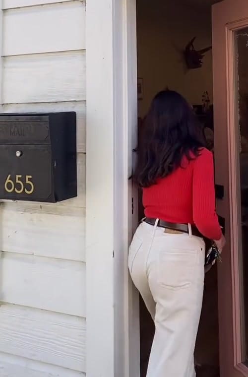 The black 655 mailbox beside the open pink shop door as someone steps inside.